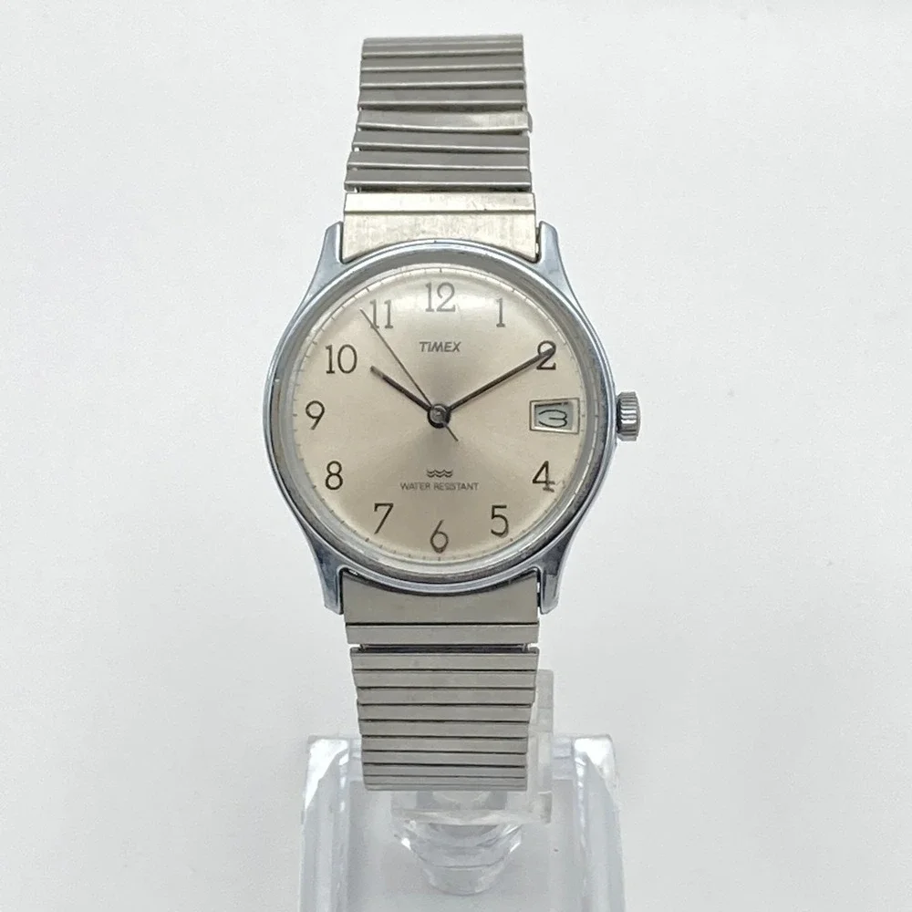 Vtg Timex Marlin Men's Watch 34mm Silver Tone Date Stretch Band Manual Wind 1989